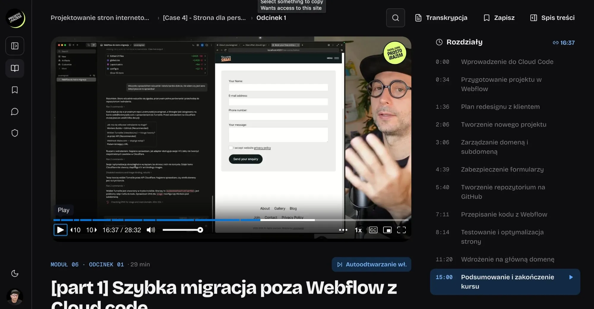 Lesson page on the Prosto i Razem platform: video player, chapter list, transcript and table of contents