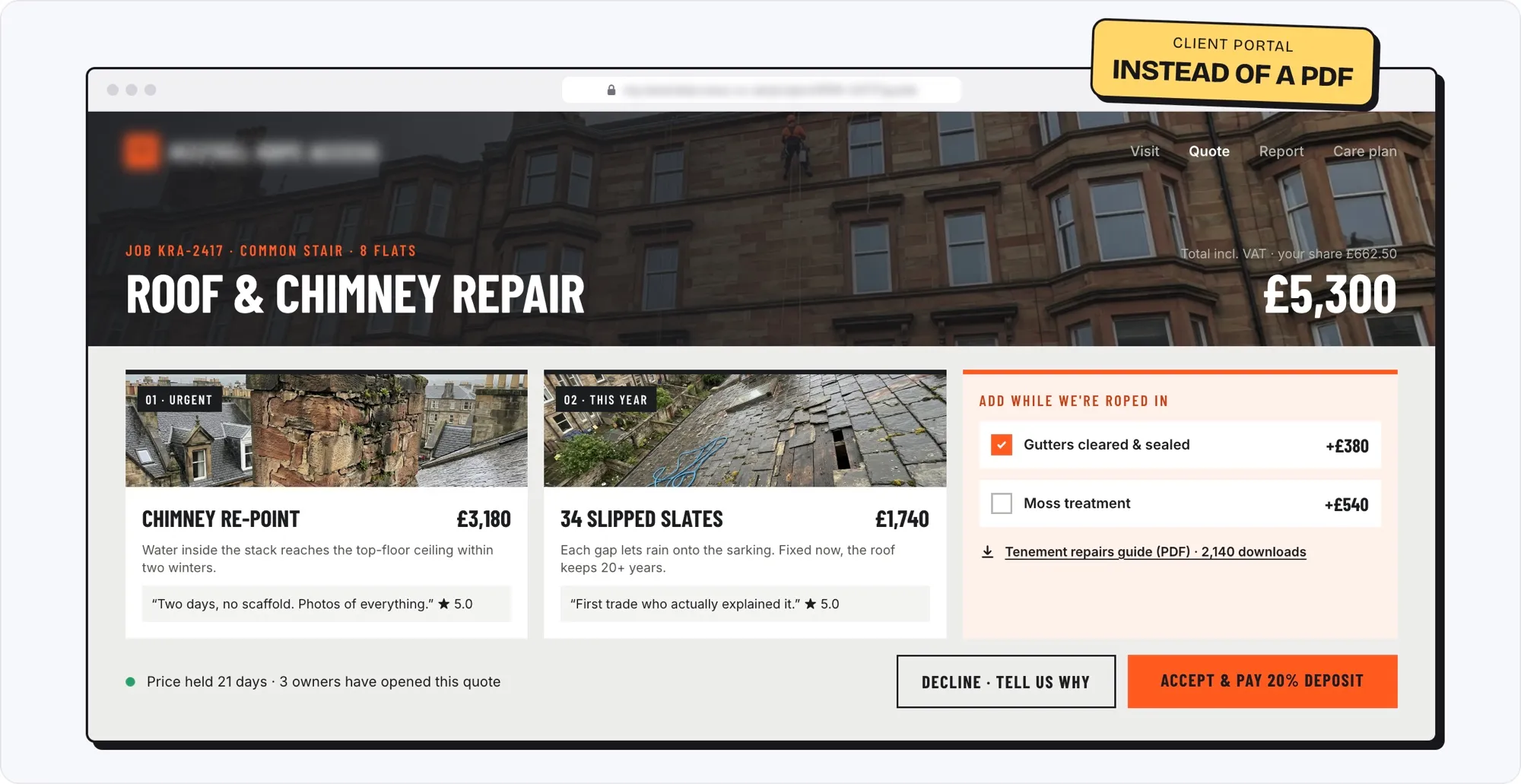 Client portal for a roofing company: job photos, priced repairs, optional extras and an accept and pay deposit button