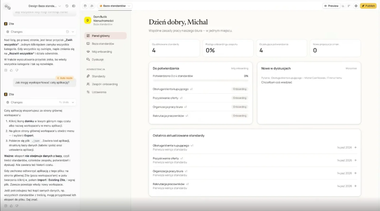 The Standards base app built during the session: dashboard with standards, team onboarding and discussions