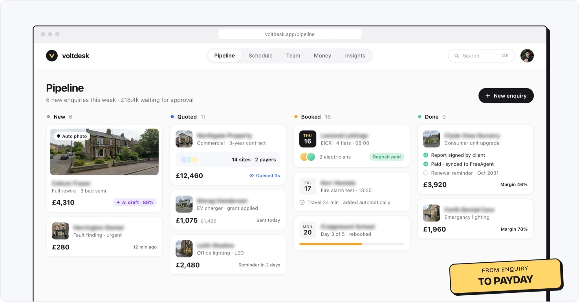voltdesk, the electrician's app: a pipeline of enquiries, quotes, booked jobs and paid work, from enquiry to payday